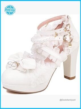 Kawaii Lace Bow Pearl Block Heel Mary Jane Pumps Chunky Platform Cute Dress